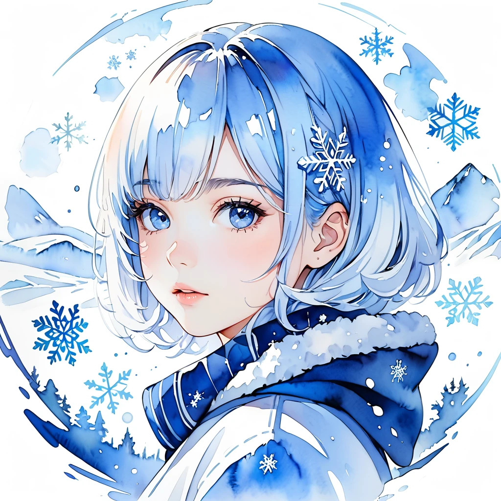 Masterpiece, highest quality, highest resolution, detailed depiction, beautiful, watercolor, silhouette of a Nordic cute girl filled with snow,snowflake, double exposure, crisp lines, blue and white background, 4K graphics.