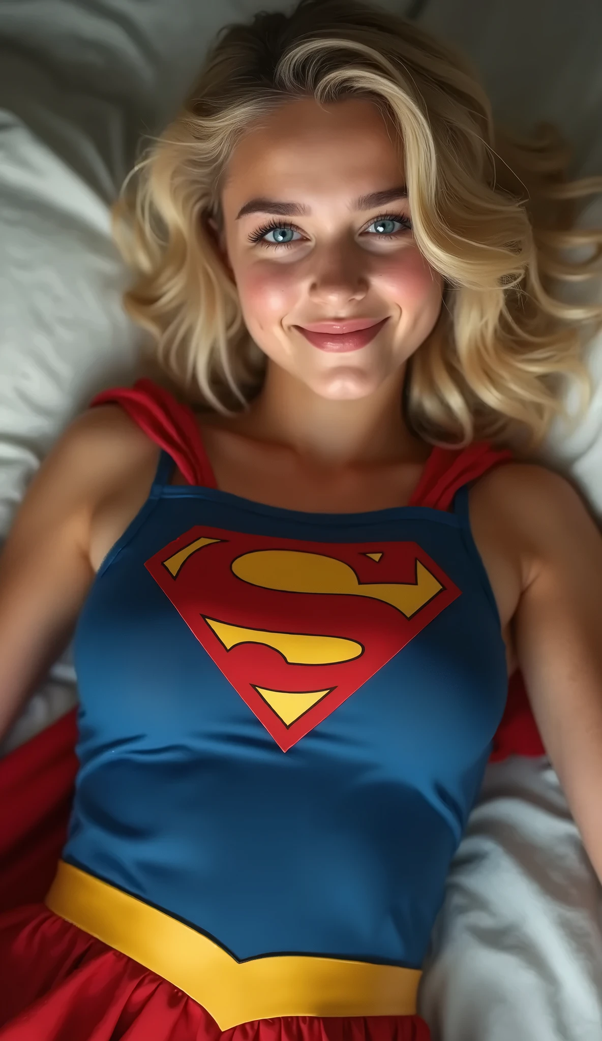 score_9,score_8_up,score_7_up,score_6_up, 1girl, on bed, medium breasts, Supergirl DC comics, long blonde hair, tiny waist, head on pillow, grool, (cute face, big eyes, eyelash, 18 yo), ((( cum on face, cum on mouth, licking self fingers with cum sexy)))