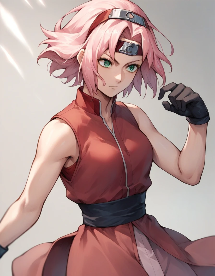 BREAK, source_anime,
1girl, haruno sakura, pink hair, short hair, green eyes, source_anime, sleeveless, red shirt, forehead protector, beautiful legs, black gloves, beautiful body, figthing pose, source_anime