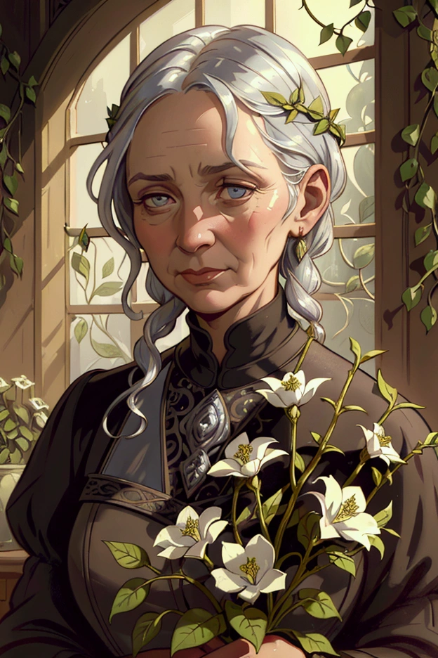 middle aged woman apothecary, silver hair, closeup portrait, glasshouse background with vines, beautiful detailed eyes, extremely detailed wrinkled face, medieval style apothecary, ornate glass bottles, intricate flower arrangements, warm lighting, cinematic composition, oil painting style, muted color palette, chiaroscuro lighting