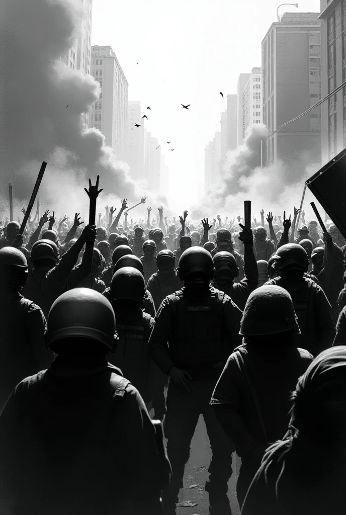 dictatorship, repression, protest, social unrest, political corruption, abuse of power, censorship, spidermen demonstrating police brutality, human rights violations, divided society, inequality, resistance movement, revolution, authoritarian regime, free speech, civil disobedience, propaganda, surveillance state, social injustice, dissent, struggle for democracy, ideological conflict, mass surveillance, peaceful protesters, state control, suppression of dissent, rebellion, inequality, social polarization, political unrest, authoritarianism, fight for justice, regime change, voice of the people, solidarity, resistance, hope for change, grassroots activism, propaganda machine, abuse of power, struggle for freedom. (best quality, 4k, 8k, highres, masterpiece: 1.2), highly detailed, (realistic, photorealistic, photo-realistic: 1.37), HDR, UHD, studio lighting, ultra-fine painting, sharp focus, physically based rendering, extreme detail description, professional, bright colors, bokeh, portraits, dark and gritty aesthetics, monochrome palette, dramatic lighting, strong emotions, strong symbolism, dynamic composition, contrasting elements, raw and authentic, protesters with clenched fists, clouds of tear gas, riot police in full gear, banners with protest slogans, graffiti on the walls, wire fences, contrasting elements, raw and authentic, graffiti on walls, barbed wire fences, unsettled atmosphere, intense expression, cracked concrete ground, cracked walls, symbols of resistance, unity in diversity, silhouettes of people, raised fists, tear-stained faces, defiant eyes, hope amidst chaos, sparks of change, sea of voices, breaking through barriers, awakening of the people, longing for freedom, reclaiming power, resilience of the human spirit, turning point in history.