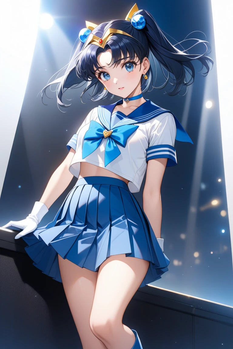 (Perfect Anatomy)、Mastepiece、Ultra High Quality、 8k、masterpiece、Highest quality、Ultra-high resolution、Maximum resolution、Very detailed、Professional Lighting、anime、woman、thin、Very beautiful face、Very beautiful eyes、(Highly detailed eye)、Highly detailed face、Sailor Mercury、tiara、Sailor Warrior Uniform、Blue Skirt、Blue sailor collar、Blue knee boots、choker、White gloves、blue choker、jewelry、Earrings、Pleated skirt, gloves