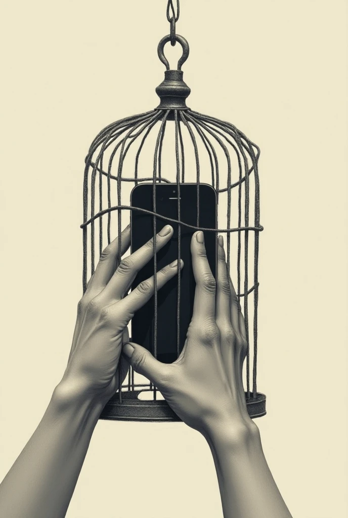 Hand suspended in the air, with noose around fingers hanged squeezing an updated cell phone with a broken screen sleeveless and bleeding circuits