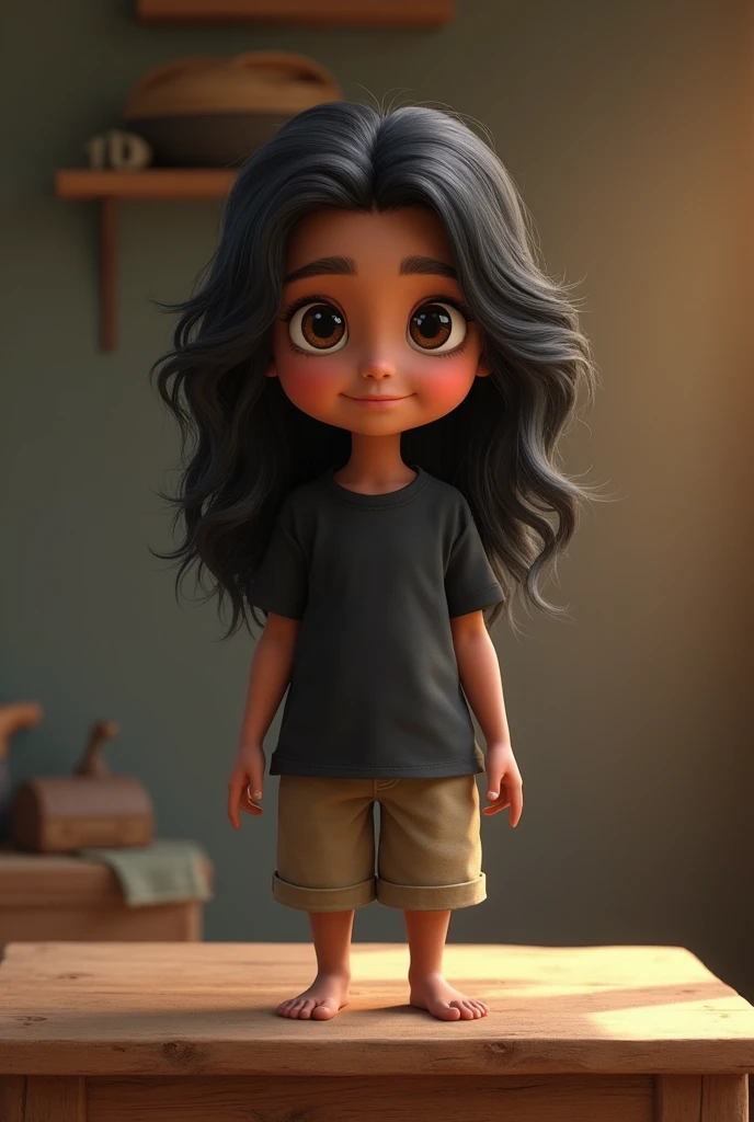 illustration of an avatar of an 8 year old Latino girl named lucy with long black beautiful hair ,wearing a white top and black shorts with white sneakers ,plain white background, isolated on white