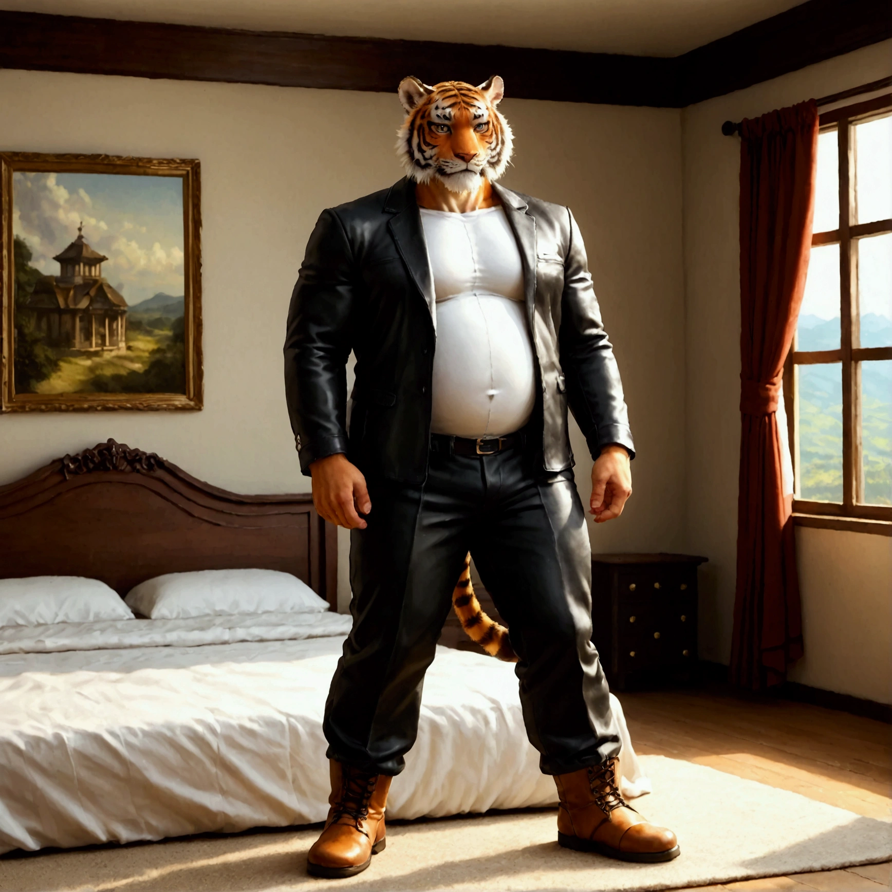 e621 illustration, osukemo, kemohomo, anthropomorphic, furry, cartoon, harmonious body, pastoral face, virtuous eyes, watercolor-like BREAK character focus, full body, looking away, dynamic angle, european fantasy, a musclegut middle-aged tiger man, jacket, shirt, pants, dynamic pose, BREAK complete anatomy, perfect proportions, beautiful thigh gap, fluffy body, intricate fur details, beautiful fur texture, BREAK a detailed tiger 1tail, detailed boots, detailed foot, detailed hands, 5fingers, 5fingers nails, BREAK manly, intense face, insanity detailed face, male face, big face, square jawline, aesthetic anime eyes, detailed brown eyes, detailed brown cornea, detailed dark brown irises, detailed pupils, male eyes, big eyes, male eyebrows, innocent look, beautiful beard, BREAK full body in Michelangelo Buonarroti style, digital illustration anime, housamo style, detailed painting landscape, bedroom, indoor, full color, HDR, BREAK masterpiece, official art, best quality, very aesthetic, absurdres, super fine illustration, great quality, BREAK noise reduction, very highres, large filesize, high quality, 32K, 8k wallpaper, dynamic lighting, BREAK insanity detailed, ultra detailed, intricate details, extremely detailed, detailed texture, an extremely delicate and beautiful, 