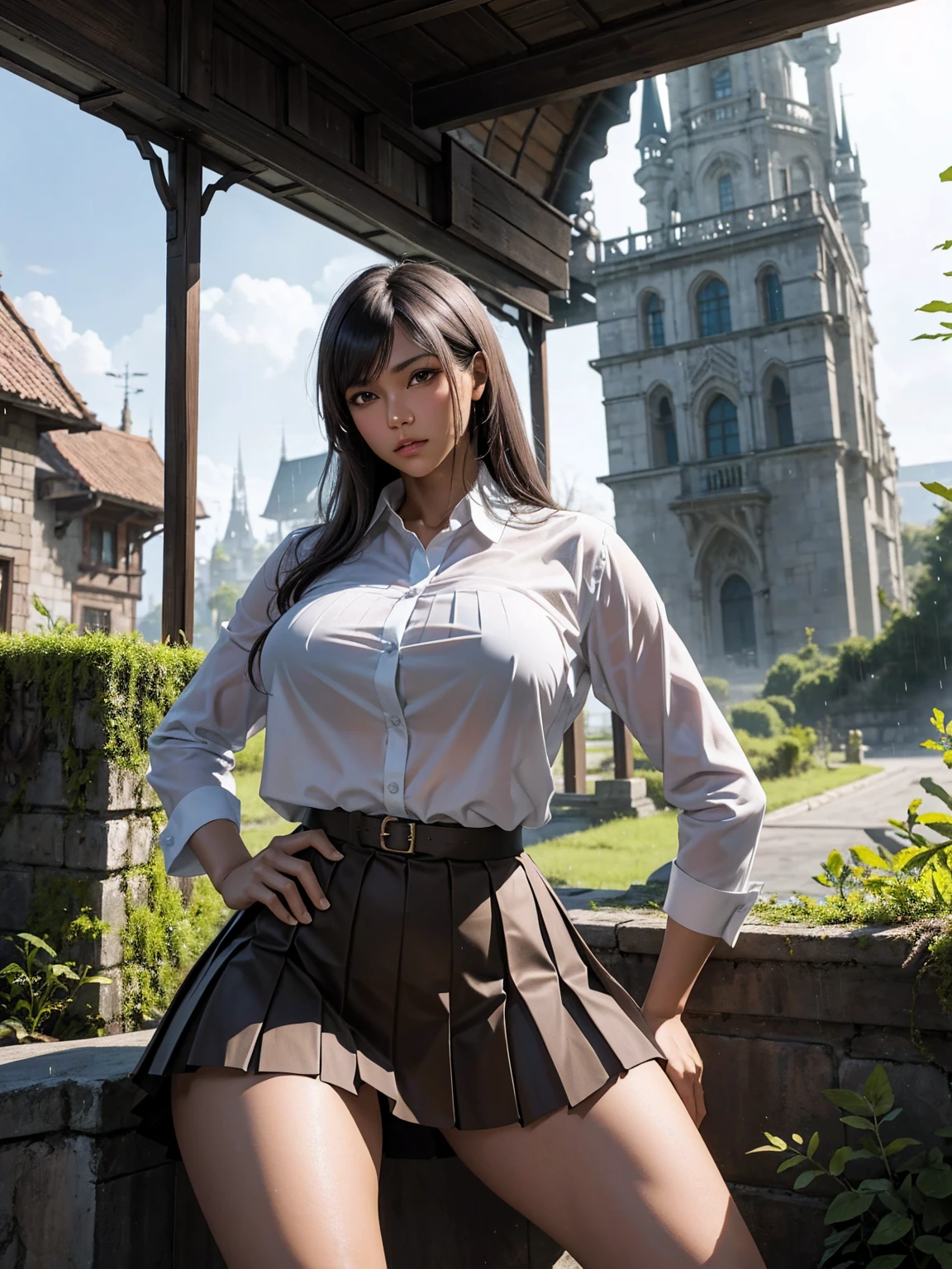 ada wong, (brown skin:1.2), (shirt, pleated skirt:1.2), (hands on hip, spread legs:1.1), huge tit, thick thighs, silver hair, fluttering hair, bangs, eyeshadow, long eyelashes, abandoned castle, sky, moss, fern, rain