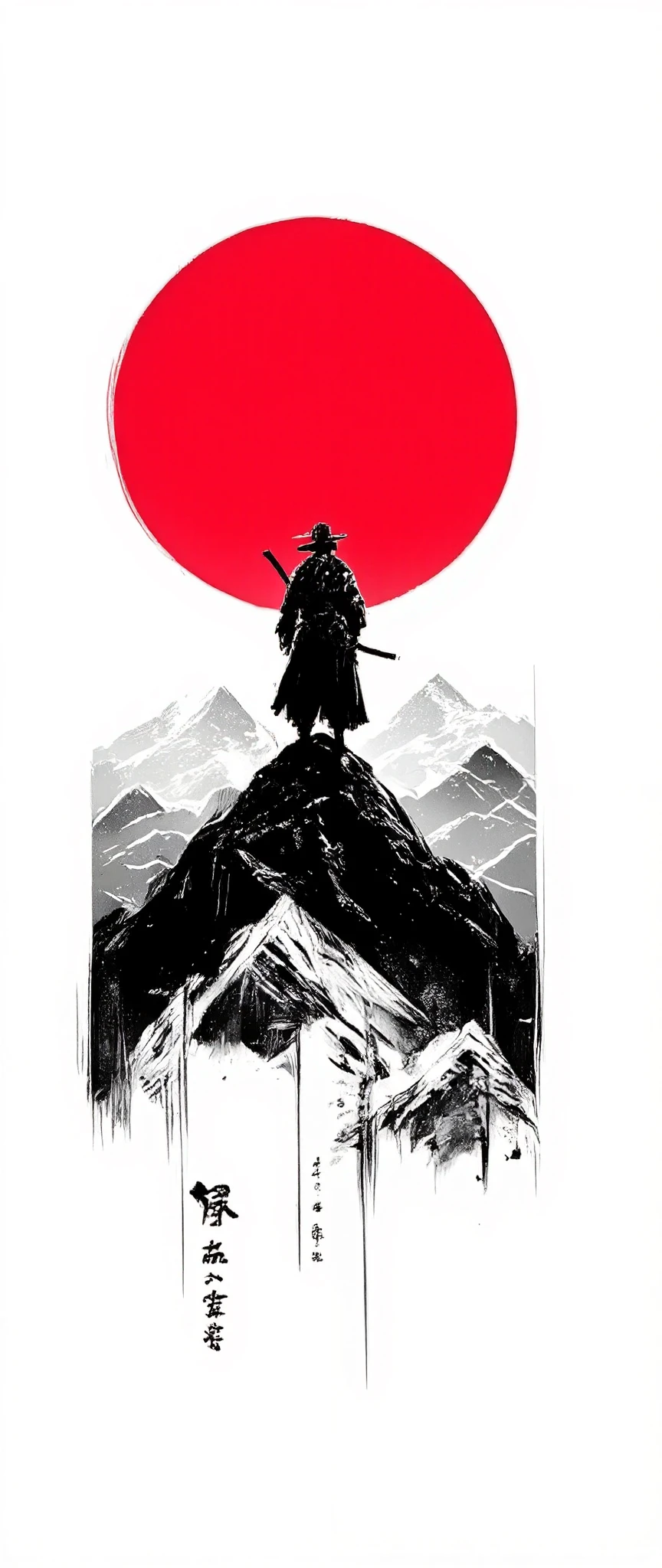 minimalist illustration style logo type, a samurai with his katana image in 3 colors , white ,black and red, subido a una cima de la montaña en el centro de la imagen esta el sol en white la montaña negro el cielo rojo
