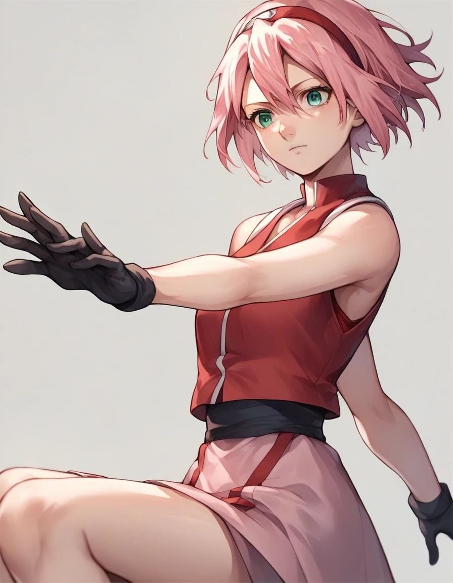 BREAK, source_anime,
1girl, haruno sakura, pink hair, short hair, green eyes, source_anime, sleeveless, red shirt, beautiful legs, black gloves, beautiful body, figthing pose, source anime