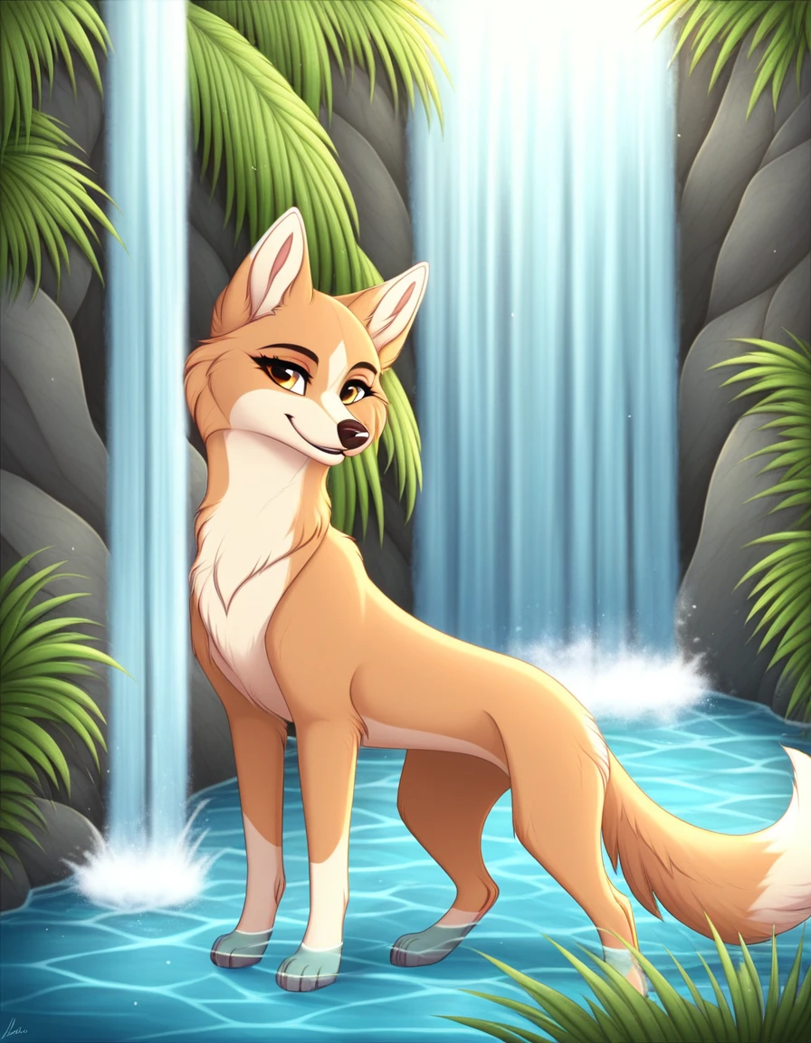 Jenna from the movie Balto, standing gracefully in front of a vibrant, majestic waterfall surrounded by lush greenery and colorful wildflowers. Her soft, two-tone fur in rich red and cream tones shines beautifully under the warm sunlight, creating a striking contrast against the vivid blues and greens of the background. Jenna's slender, elegant wolfdog form is perfectly proportioned, exuding natural beauty and poise. Her amber eyes are filled with warmth and confidence, and she has a charming, playful smile. The setting is alive with the sparkle of the cascading water and the gentle glow of sunlight filtering through the foliage, creating a serene and enchanting atmosphere. High resolution, highly detailed fur, water, and environment, capturing Jenna's stunning beauty and the dynamic energy of the waterfall.