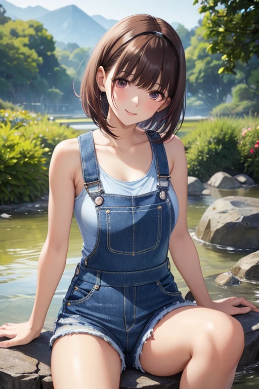 digital art, (beautiful girl, brown_hair, wreath_flowers, gray_overalls, white_shirt, teasing_smile, naughty_look), (sitting in a barrel, river in background, golden hour), (intricate, highly detailed, professional, hard light, trending of artstation, realistic, beautiful, HD, 8K), by Anna Razumovskaya and Artgerm Lau and Bella Kotak