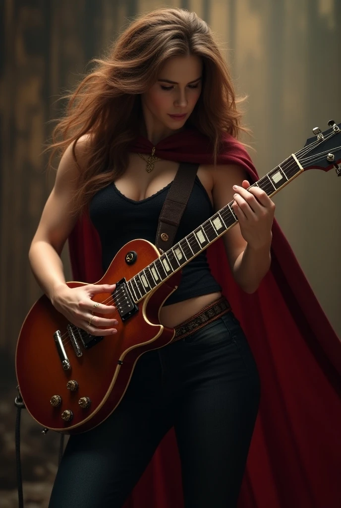 Lucy Pinder, face portrait, smiling, voluptuous, neckline, ((Very Intense Makeup)), superheroine Scarlett witch, beautiful buttocks, looking, Adele, bright lipstick, play guitar