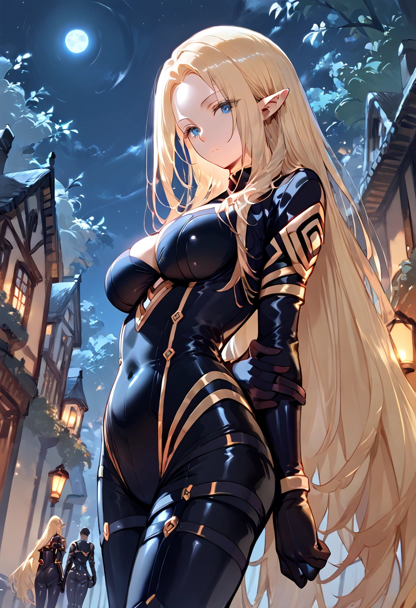 score_9, score_8_up,score_7_up,source_anime,Alpha_Eminence, 1girl, looking at viewer, black bodysuit, breasts, gloves, hands behind back,night