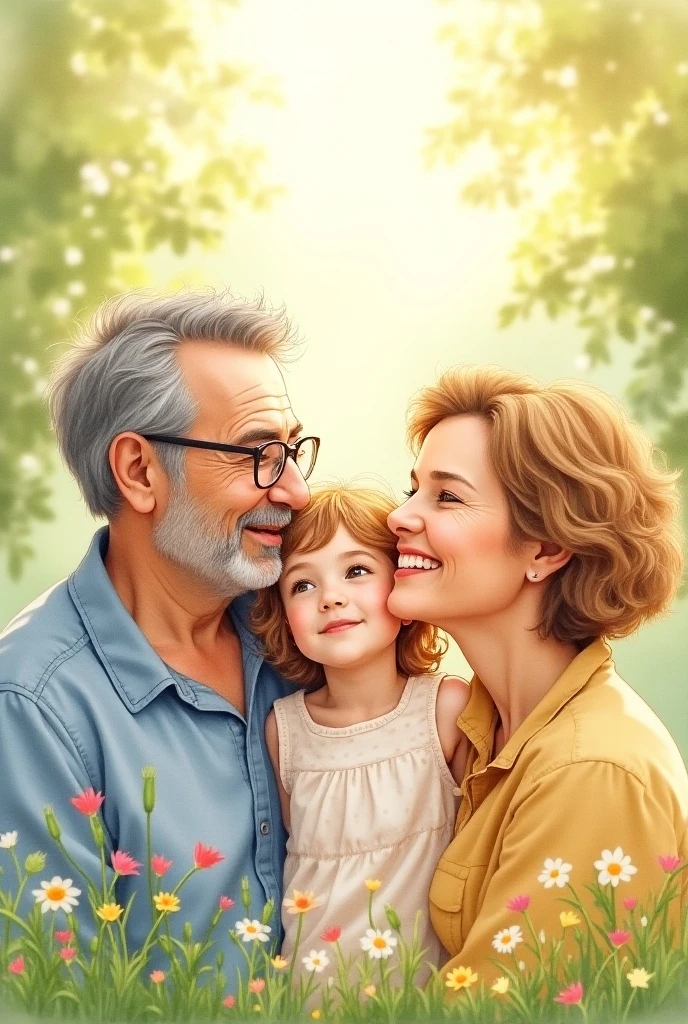 creates an image of a family which is made up in the center by a woman with blonde hair, On her right side is her husband who has black hair and green eyes., On the right side of the woman is a young man, To the right of the young man is his grandmother. 
