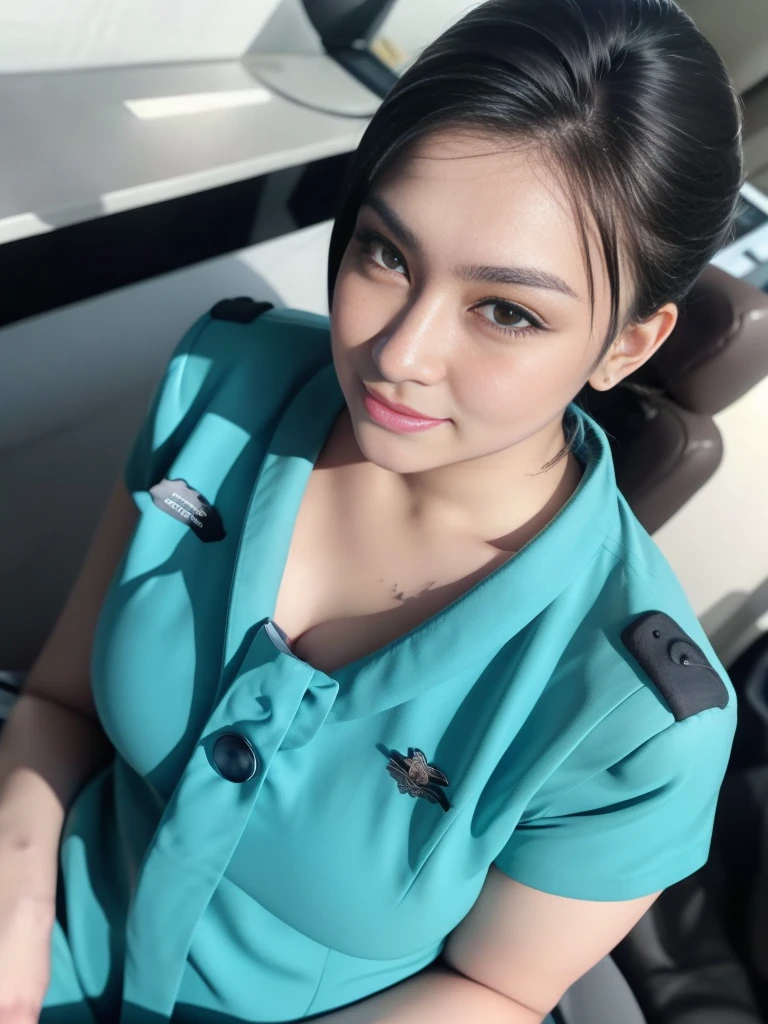 1girl, solo, 19 years old, (uniform), standing, in the middle of a large airport, seductive pose, thick medium breasts, fit body, smooth realistic skin, cute little smirk, looking at the audience, high angle shot, (overhead shot:1.2), (zoom-out:1.4), (8k, RAW photo, best quality, masterpiece: 1.4), (realistic, realistic: 1.37), ultra-high resolution, cowboy shot