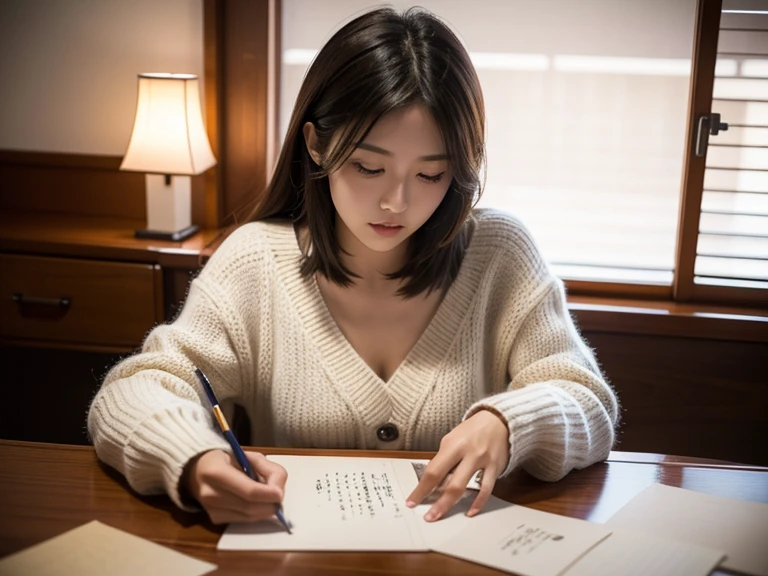 Bright atmosphere, mano, New Year's card, From the neck down, desk work, I'm writing a letter, A slight smil, realisticlying, Highly detailed, Realistic, The letter, japanes