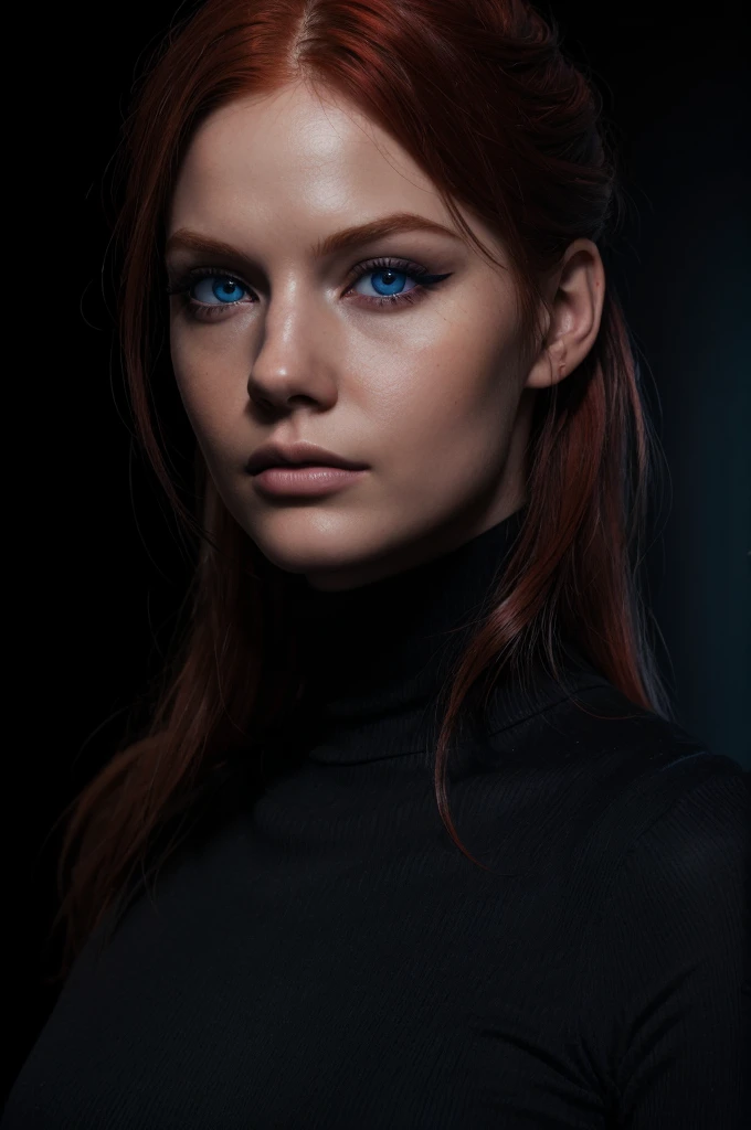 woman , Auburn-red-hair, medium hair, hairy , pale, black turtleneck, eyeliner,portrait, ,eyeliner ,digital painting, smooth, dramatic lighting, ultra realistic, 8k, art , blur backgrond, black background ,black background,black wallpaper , blue eyes