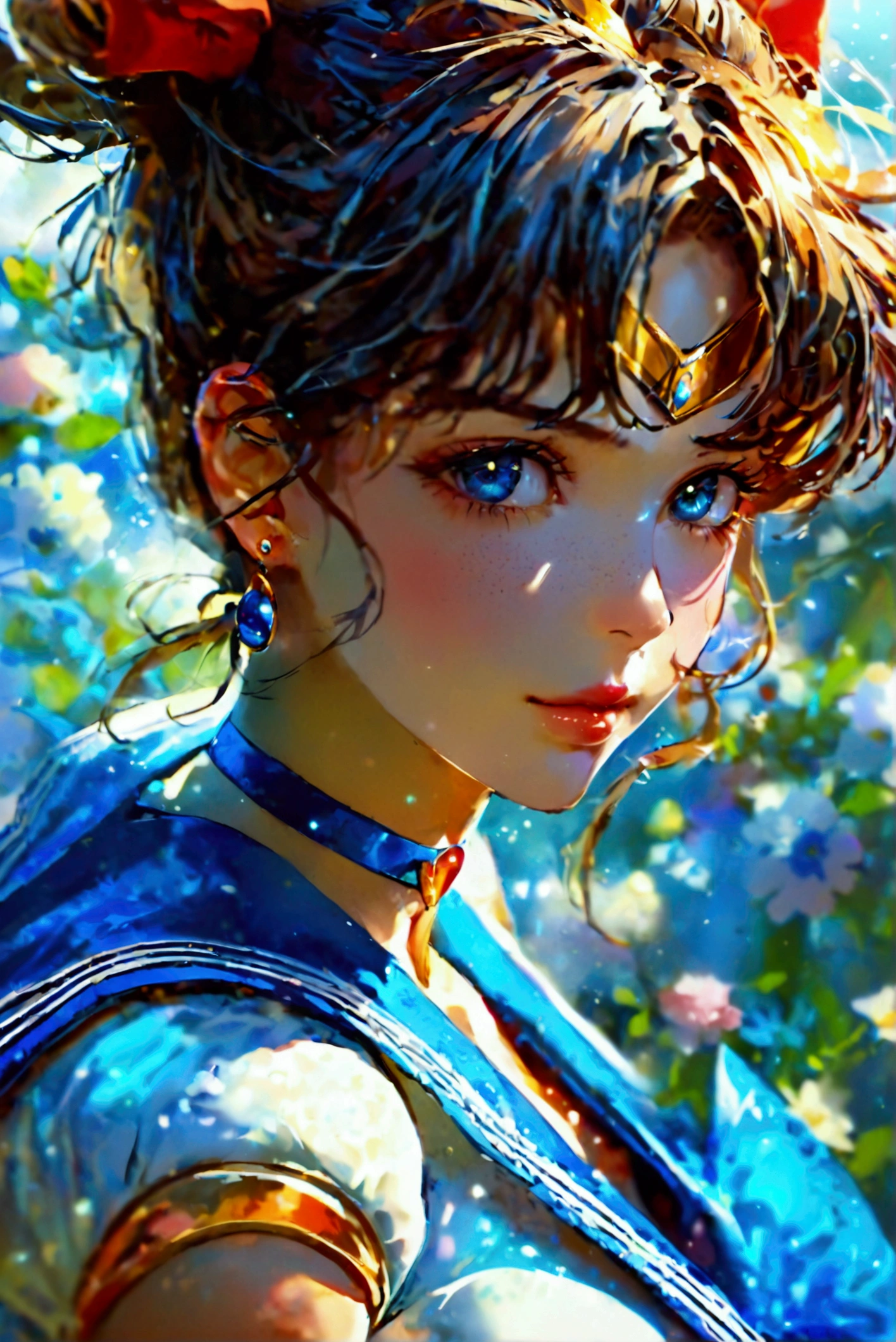 (Perfect Anatomy)、Mastepiece、Ultra High Quality、 8k、masterpiece、Highest quality、Ultra-high resolution、Maximum resolution、Very detailed、Professional Lighting、anime、woman、thin、Very beautiful face、Very beautiful eyes、(Highly detailed eye)、Highly detailed face、Sailor Mercury、tiara、Sailor Warrior Uniform、Blue Skirt、Blue sailor collar、Blue knee boots、choker、White gloves、blue choker、jewelry、Earrings、Pleated skirt, gloves