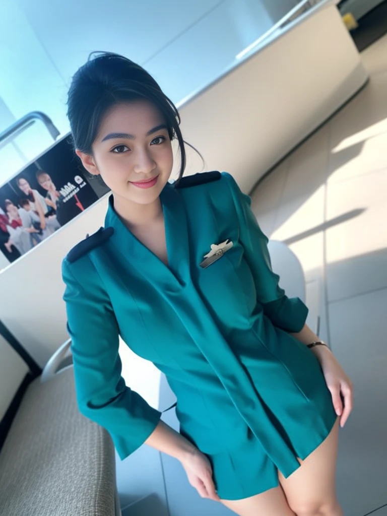 1girl, solo, 19 years old, (uniform), standing, in the middle of a large airport, seductive pose, thick medium breasts, fit body, smooth realistic skin, cute little smirk, looking at the audience, high angle shot, (overhead shot:1.2), (zoom-out:1.4), (8k, RAW photo, best quality, masterpiece: 1.4), (realistic, realistic: 1.37), ultra-high resolution, cowboy shot