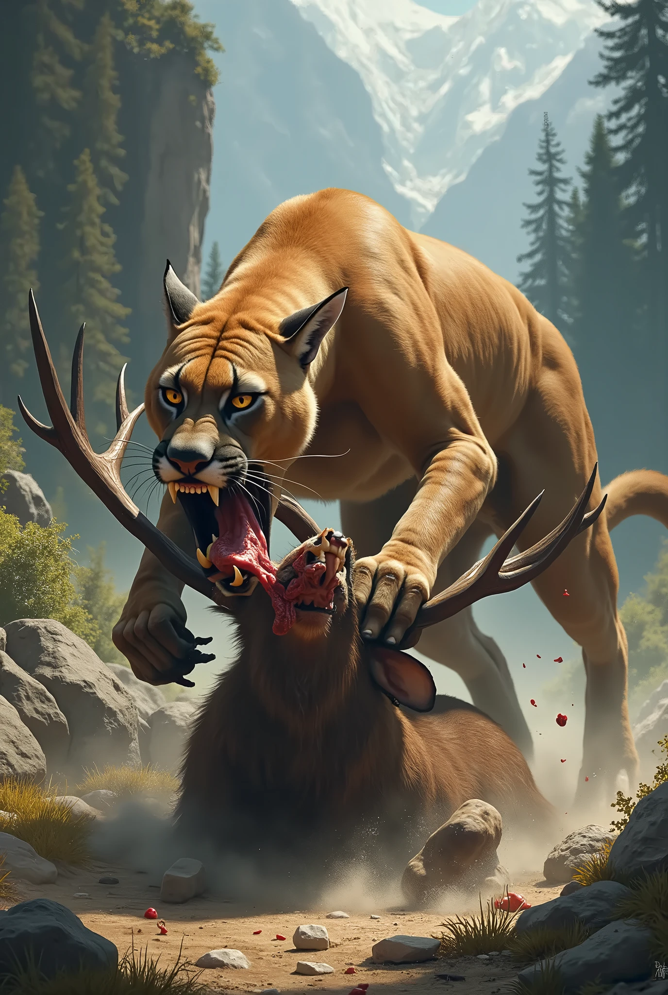 Puma hunting elk a little more animated eating it more animated more like a drawing