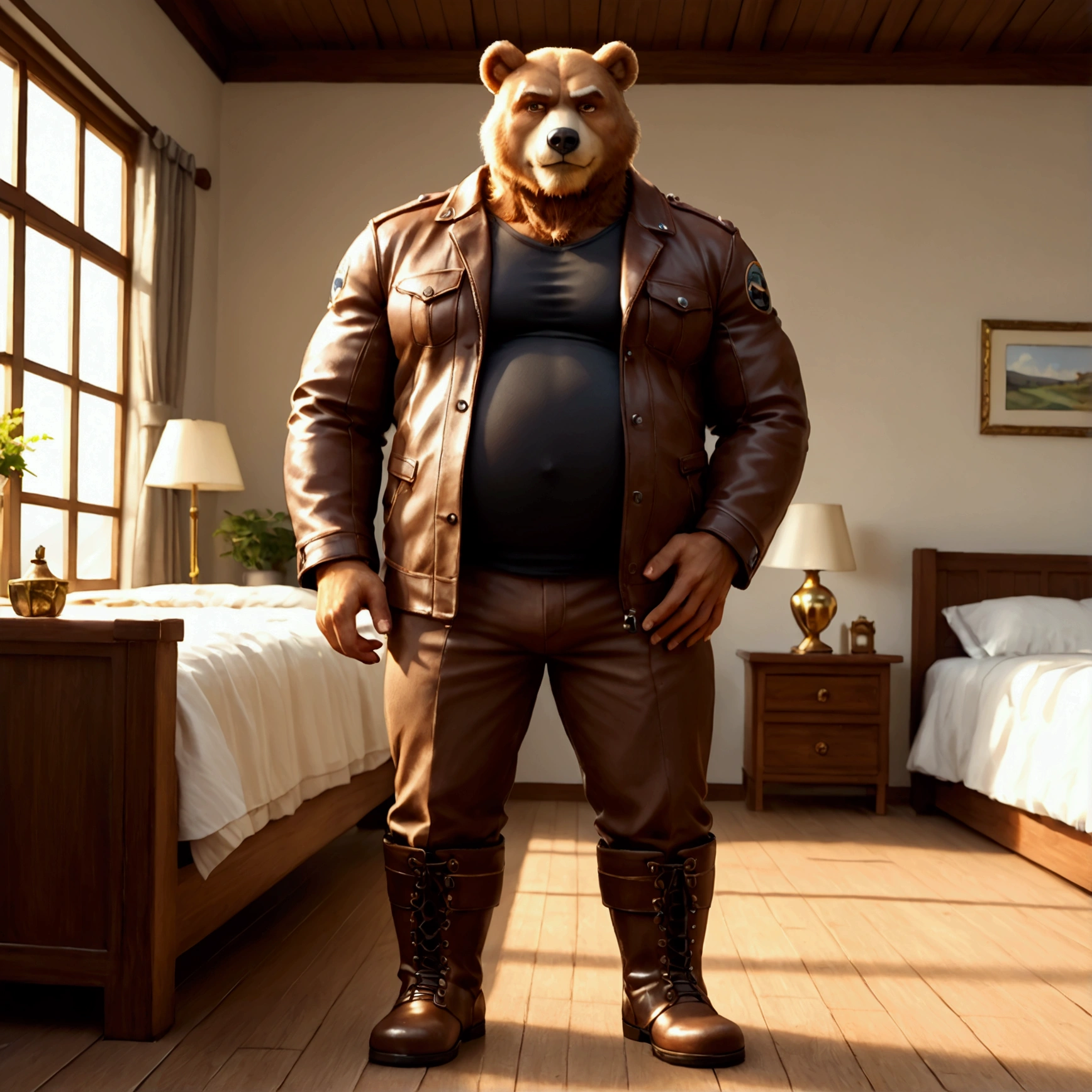 e621 illustration, osukemo, kemohomo, anthropomorphic, furry, cartoon, harmonious body, pastoral face, virtuous eyes, watercolor-like, BREAK character focus, full body, looking away, dynamic angle, european fantasy, a musclegut middle-aged bear man, jacket, shirt, pants, dynamic pose, BREAK complete anatomy, perfect proportions, beautiful thigh gap, fluffy body, intricate fur details, beautiful fur texture, BREAK a detailed bear 1tail, detailed boots, detailed foot, detailed hands, 5fingers, 5fingers nails, BREAK manly, intense face, insanity detailed face, male face, big face, square jawline, aesthetic anime eyes, detailed brown eyes, detailed brown cornea, detailed dark brown irises, detailed pupils, male eyes, big eyes, male eyebrows, innocent look, beautiful beard, BREAK full body in Michelangelo Buonarroti style, digital illustration anime, housamo style, detailed painting landscape, bedroom, indoor, full color, HDR, BREAK masterpiece, official art, best quality, very aesthetic, absurdres, super fine illustration, great quality, BREAK noise reduction, very highres, large filesize, high quality, 32K, 8k wallpaper, dynamic lighting, BREAK insanity detailed, ultra detailed, intricate details, extremely detailed, detailed texture, an extremely delicate and beautiful, 