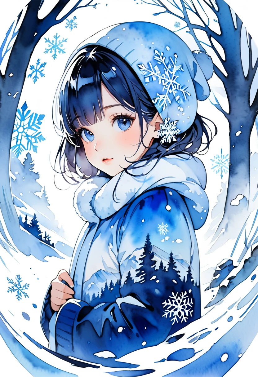 Masterpiece, highest quality, highest resolution, detailed depiction, beautiful, watercolor, silhouette of a Nordic cute girl filled with snow,snowflake, double exposure, crisp lines, blue and white background, 4K graphics.