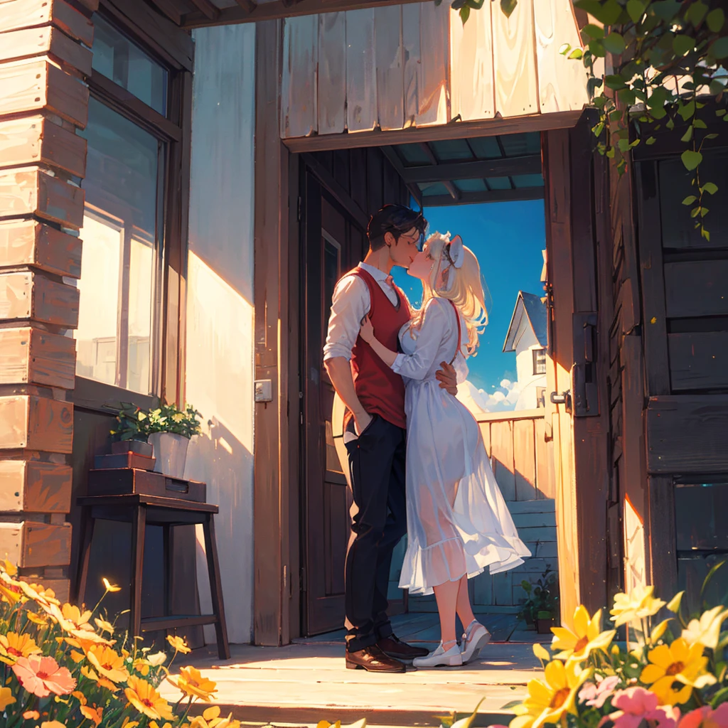  A beautiful woman with a mouse face kisses a beautiful man with a bear face,  in the background is a beautiful wooden house , They hug each other, It is a clear beautiful sky , the sun shines,  Next to the man and woman you can see many beautiful butterflies  