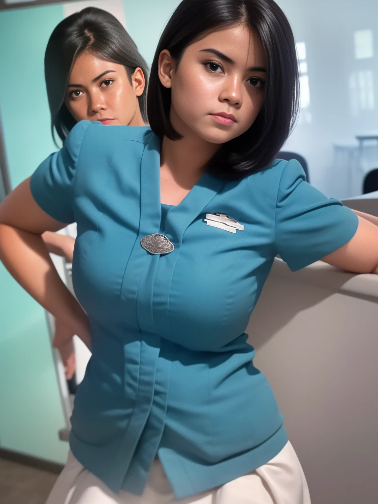 1girl, solo, 19 years old, (uniform), detailed classroom at the background, seductive pose, thick medium breasts, fit body, smooth realistic skin, cute angry face, white shirt, grey blue short skirt, looking at the audience, high angle shot, (zoom-out:1.3), (8k, RAW photo, best quality, masterpiece: 1.4), (realistic, realistic: 1.37), ultra-high resolution, cowboy shot