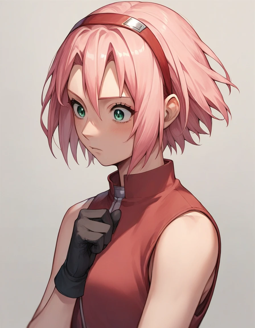 BREAK, source_anime,
1girl, haruno sakura, pink hair, short hair, green eyes, source_anime, sleeveless, red shirt, black gloves, beautiful body, source anime