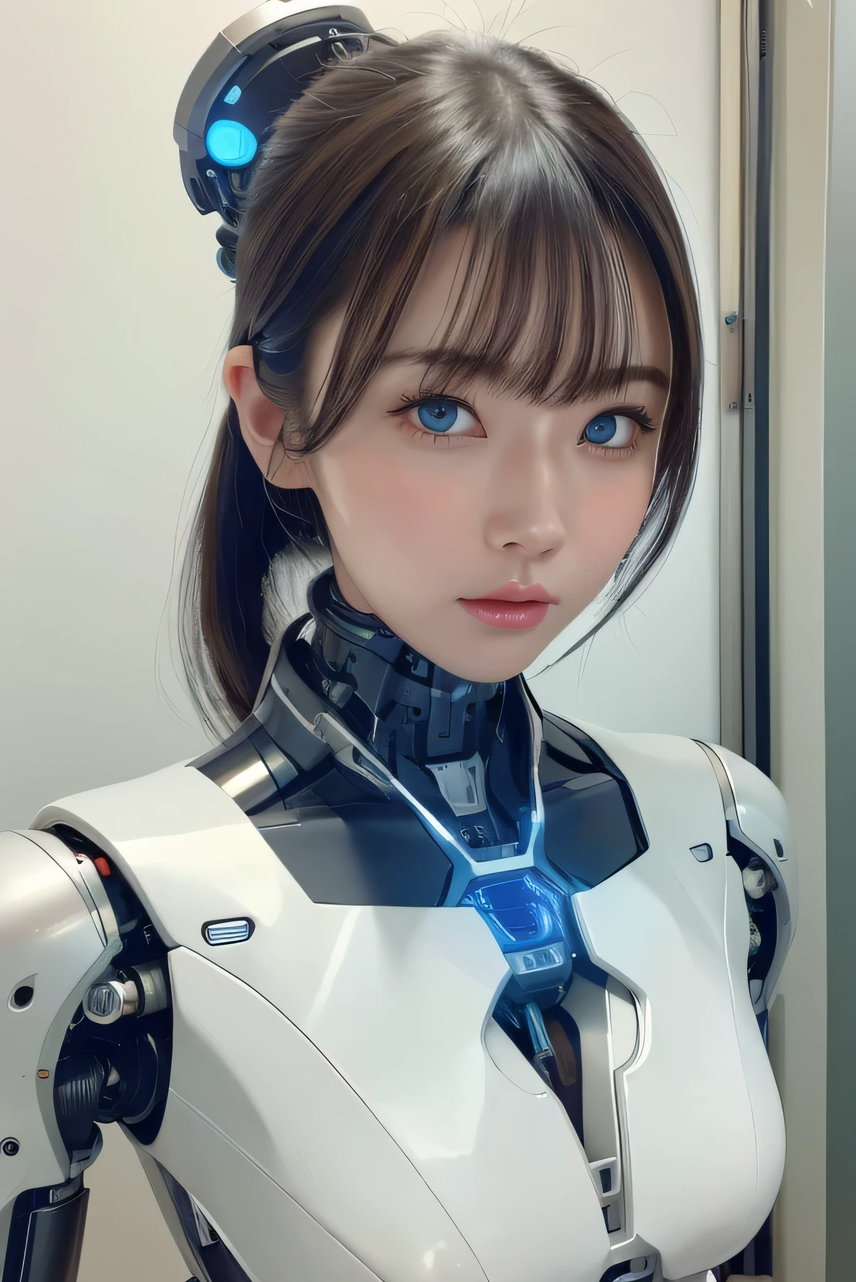 masterpiece, best quality, extremely detailed,  Japaese Cyborg girl,Plump , control panels,android,Droid,Mechanical Hand, Robot arms and legs, Black Robot Parts,Black hair,Mechanical body,Blunt bangs,White robotics parts,perfect robot girl,long tube,thick cable connected her neck,ceramic body ,mechanical body, mechanical ear cover, mechanical costume,android,robot,humanoid,cyborg,japanese android woman ,mechanical chest,blue eyes,future laboratory,connecting a cable between the legs,