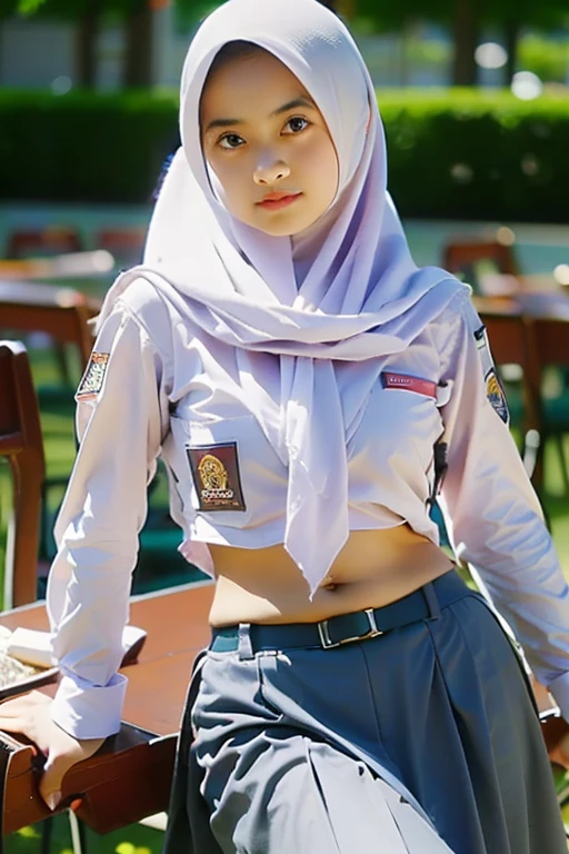 (((Ultra-HD-quality-details))) , school girl wearing hijab (Hijabi) , long sleeve uniform buttoned open navel ,indistinct ,Long skirt ,low waist buckle belt (like a belly dancer ),sitting hunched over ,lean back ,realistic,(8k resolusion)