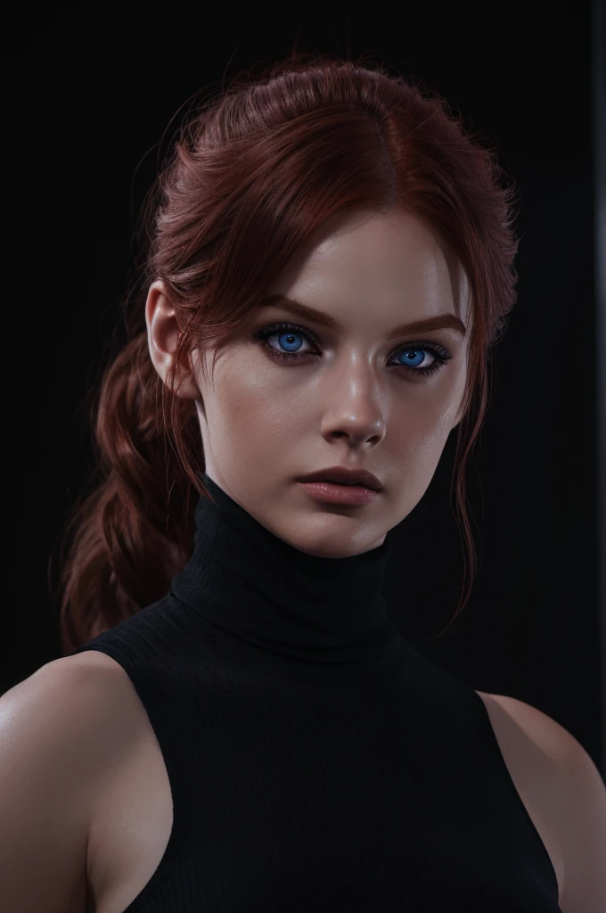 woman , Auburn-red-hair, medium hair, hairy , pale, black turtleneck, eyeliner,portrait, ,eyeliner ,digital painting, smooth, dramatic lighting, ultra realistic, 8k, art , blur backgrond, black background ,black background,black wallpaper , blue eyes ,look at camera