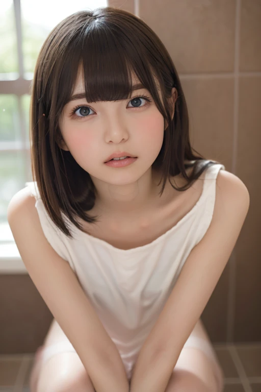 (((Beautiful girl small breasts)))、Japanese、, Long Hair, 、(((Upper body naked))),smile,Young Face,、(((Round face))),Big eyes, Round eyes、