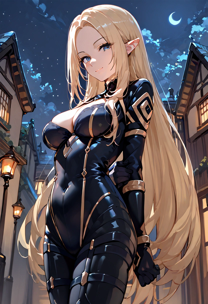 score_9, score_8_up,score_7_up,source_anime,Alpha_Eminence, 1girl, looking at viewer, black bodysuit, breasts, smile, gloves, hands behind back,night