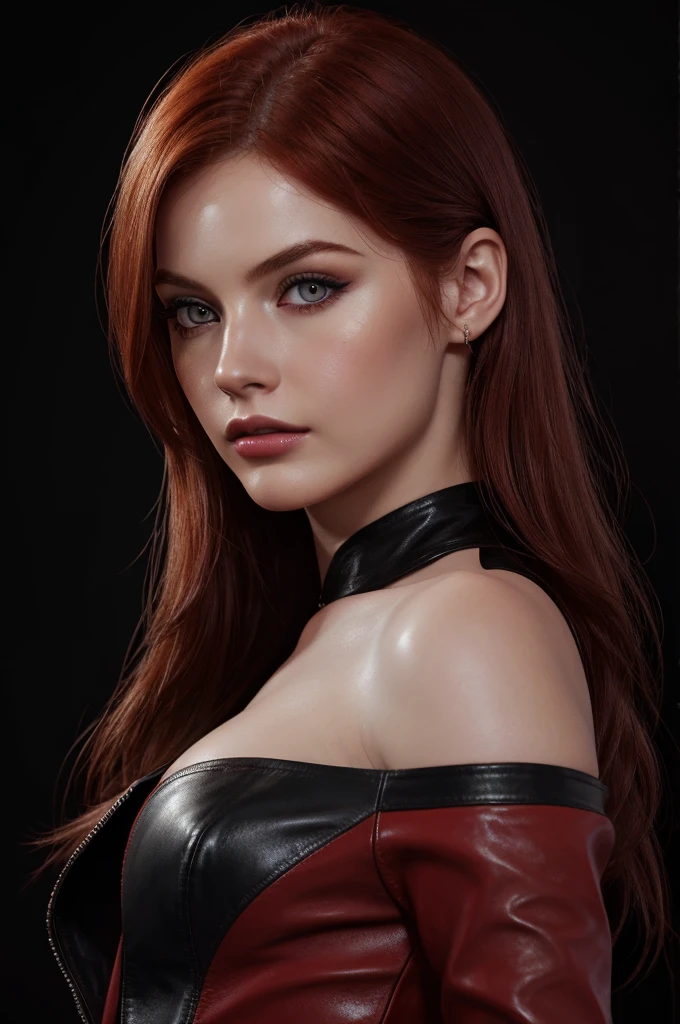 woman with medium hair ,Auburn-red-hair, pale,soft body,eyeliner,portrait, beautiful woman, beautiful female ,beautiful classy woman ,eyeliner,wonderful highly detailed masterpiece, elegant, digital painting, smooth, dramatic lighting, ultra realistic, 8k, art , blur backgrond, black background ,black background,black wallpaper,wearing red leather jacket