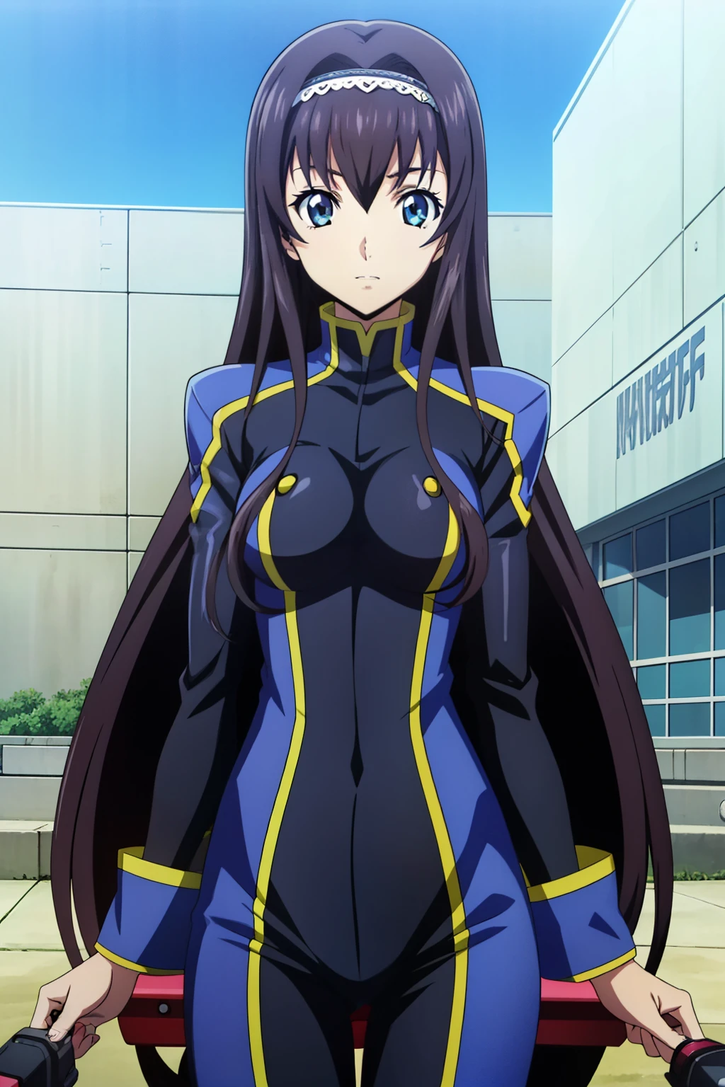 1 girl, cute, black hair, long hair, shouting, Straddling a motorcycle-type seat in the cockpit of the robot, hands outstretched in front of you and holding a grip on the control stick, pilot suit,  (anime cels style, Masterpiece, best quality, high resolution, anime colored, megami magazine:1.2, anime poster style, anime keyvisual, sharp, 8k, photorealistic), beautiful eyes,