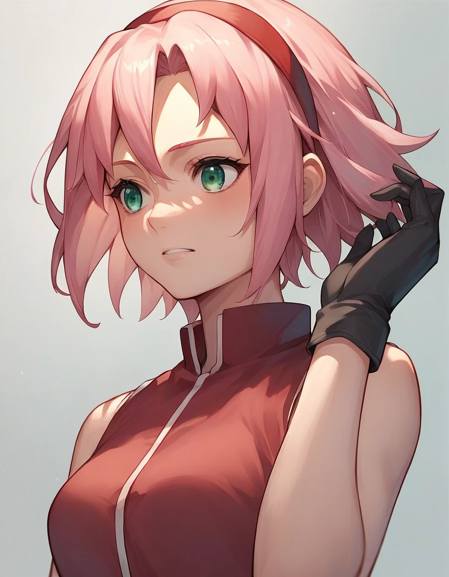 BREAK, source_anime,
1girl, haruno sakura, pink hair, short hair, green eyes, source_anime, sleeveless, red shirt, black gloves, beautiful body, source anime