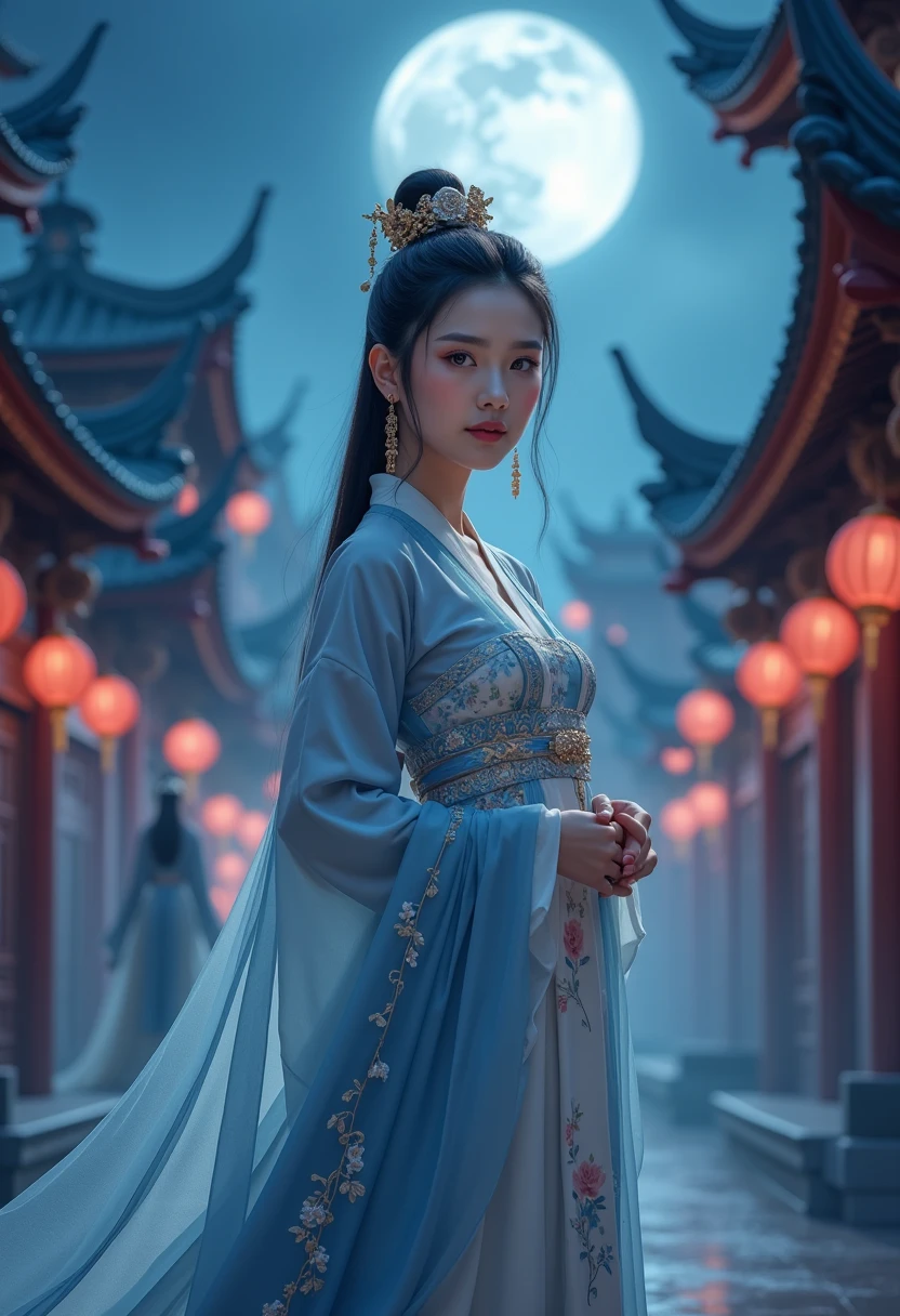 GGGJAAA ,Hanfu, make up，(masterpiece,   best quality), 8k ,  high detail, , night, moonlight,   art style ,  The background is traditional Chinese architecture，Buildings and towers ，