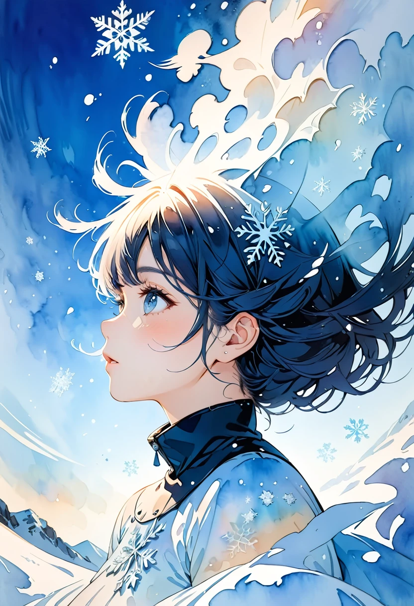 Masterpiece, highest quality, highest resolution, detailed depiction, beautiful, watercolor, silhouette of a Nordic cute girl filled with snow,snowflake, double exposure, crisp lines, Looking up at the sky, blue and white background, 4K graphics.