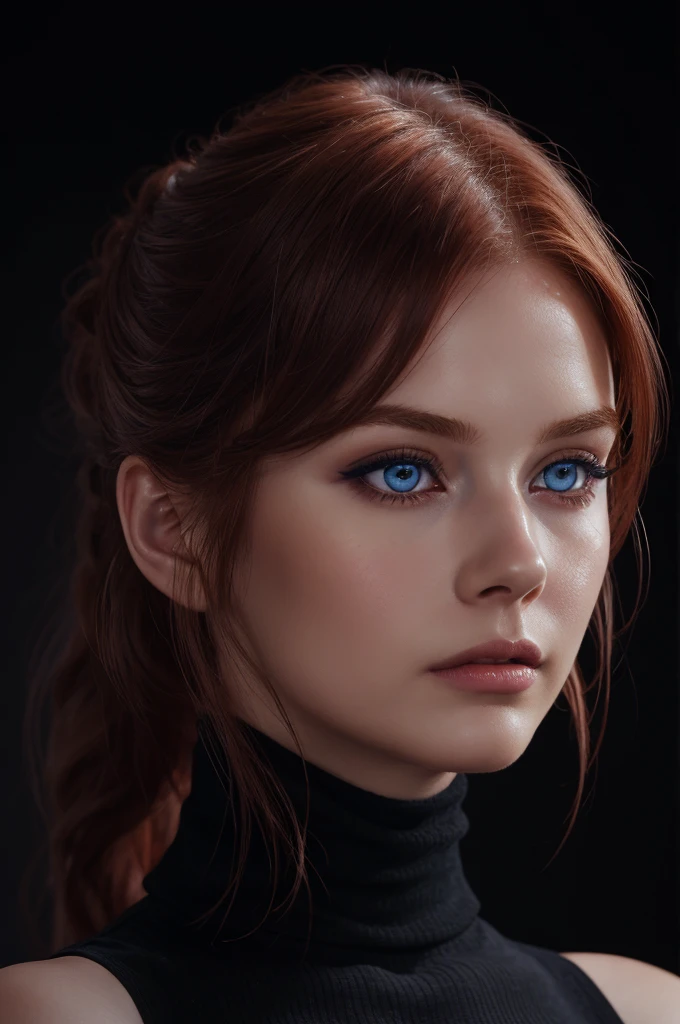 woman with medium hair ,Auburn-red-hair, pale,soft body,eyeliner,portrait,blue eyes,eyeliner,wonderful highly detailed masterpiece, elegant, digital painting, smooth, dramatic lighting, ultra realistic, 8k, art , blur backgrond, black background ,black background, black turtleneck,look at camera