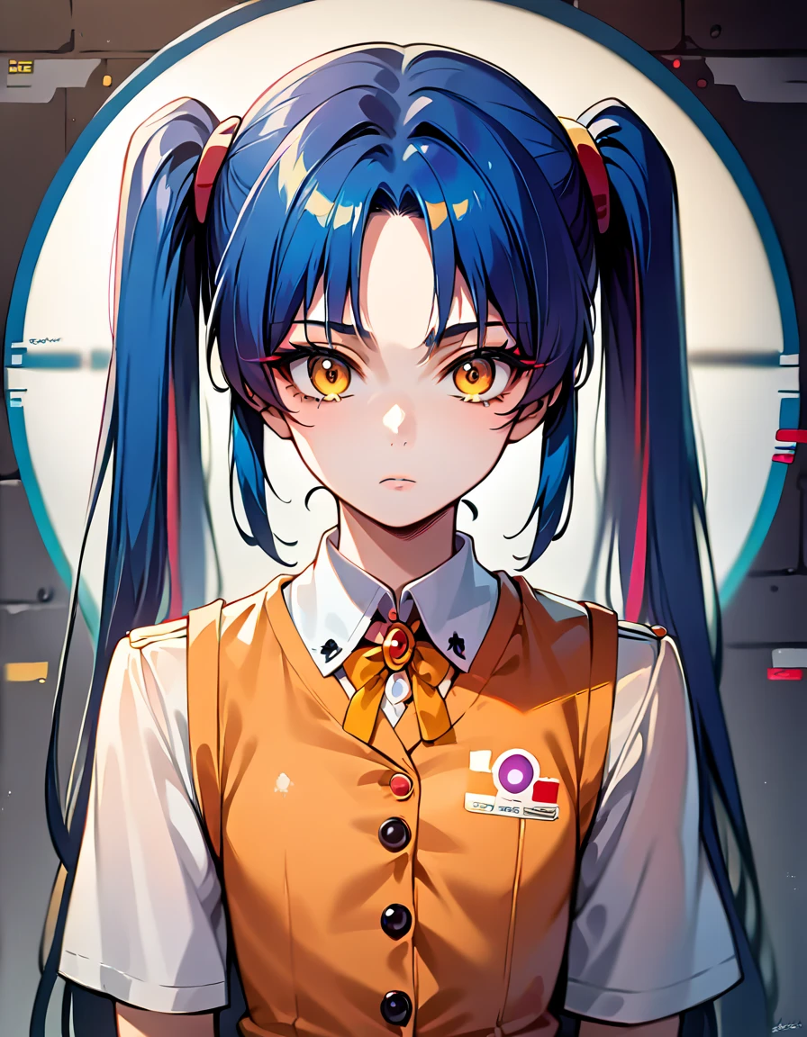 1girl, ruri_hoshino, (rurihAA), (twintails), light blue hair, yellow eyes, very long hair, orange vest, BREAK solo, flat chest, close-up, (expressionless:1.2), hologram, BREAK intricate details, extremely intricate, perfect lighting, (depth of field :1.2), detailed eyes , detailed hair, detailed face, (detailed shiny hairs), (detailed background), outline, highres, eyeshadow, eyeliner, (sharpness:1.2), (extremely detailed:1.2), BREAK (score_9, score_8_up, score_7_up, (source_anime), masterpiece, best quality, absurdres:1.2), ai-generated, newest, very aesthetic,ruri_hoshino, rurihAA, black mini skirt, orange vest