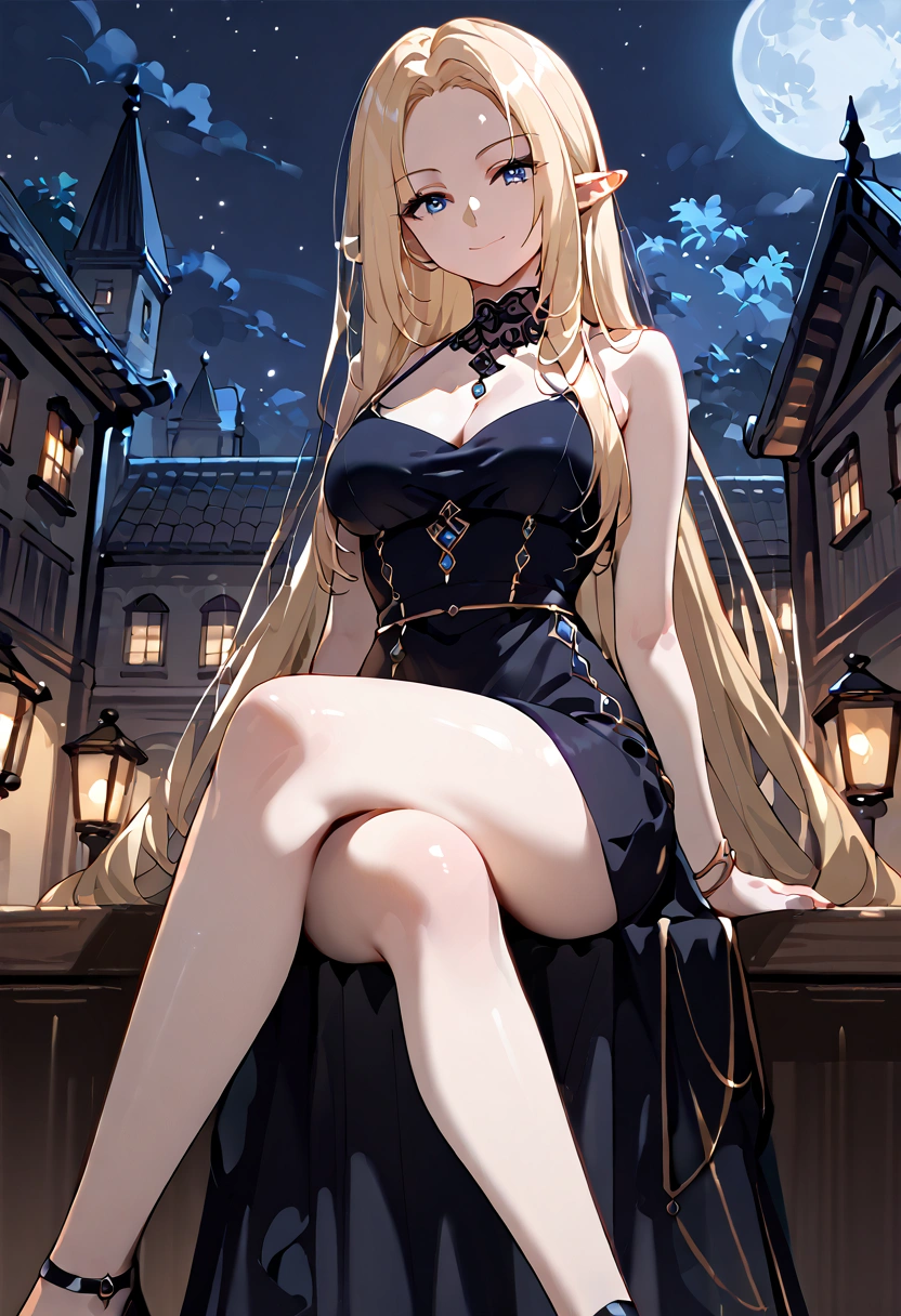 score_9, score_8_up,score_7_up,source_anime,Alpha_Eminence, 1girl, solo, short black dress, crossed legs, closed mouth smile,night