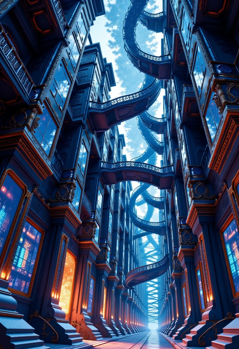 a mysterious alley, buildings with mirrored walls, extremely complex winding hallway, advanced ray-traced world, dramatic lighting, cinematic composition, vivid colors, dramatic mood, moody atmosphere, architectural details, intricate patterns, ornate decorations, surreal environment, fantasy setting, epic scale, masterpiece, (best quality, 8k, highres, ultra-detailed, realistic, photorealistic:1.37), (dramatic lighting:1.2), (cinematic composition:1.1), (surreal environment:1.1), (intricate architectural details:1.1)