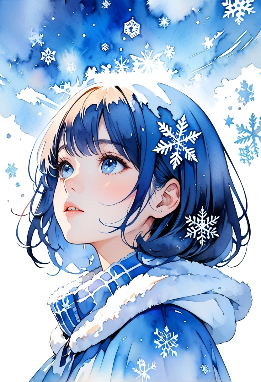 Masterpiece, highest quality, highest resolution, detailed depiction, beautiful, watercolor, silhouette of a Nordic cute girl filled with snow,snowflake, double exposure, crisp lines, Looking up at the sky, ((blue and white background)), 4K graphics.