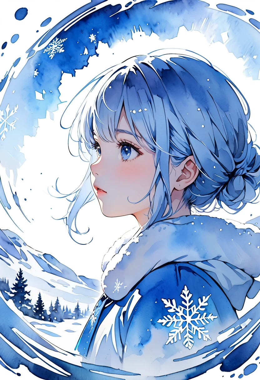 Masterpiece, highest quality, highest resolution, detailed depiction, beautiful, watercolor, silhouette of a Nordic cute girl filled with snow,snowflake, double exposure, crisp lines, Looking up at the sky, ((blue and white background)), 4K graphics.