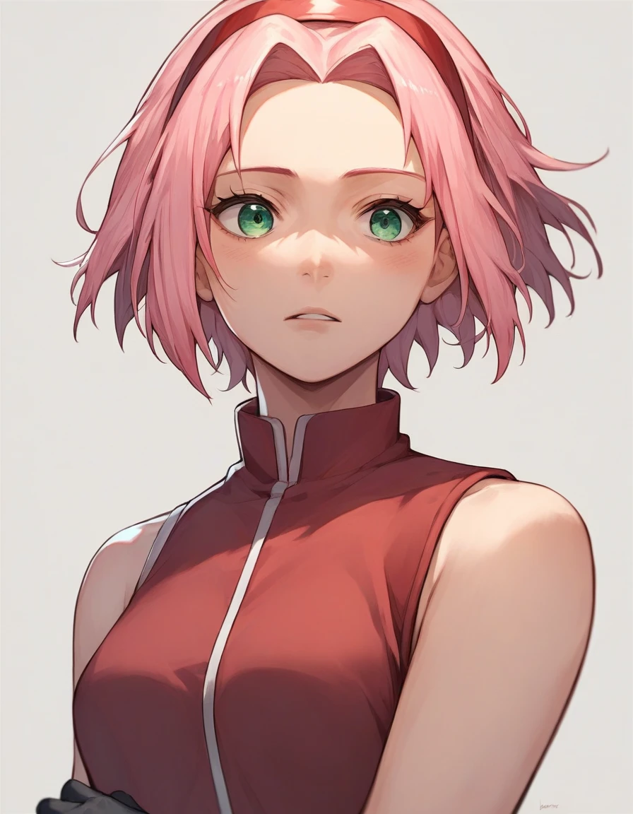 BREAK, source_anime,
1girl, haruno sakura, pink hair, short hair, green eyes, source_anime, sleeveless, red shirt, black gloves, beautiful body, source anime