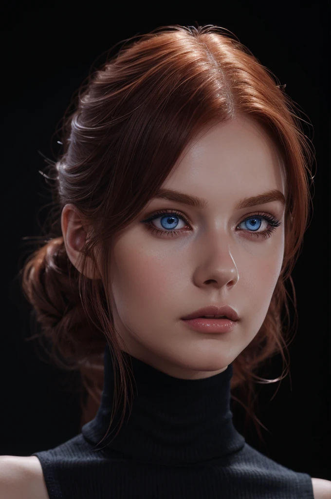 woman with medium hair ,Auburn-red-hair, pale,soft body,eyeliner,portrait,blue eyes,eyeliner,wonderful highly detailed masterpiece, elegant, digital painting, smooth, dramatic lighting, ultra realistic, 8k, art , blur backgrond, black background ,black background, black turtleneck,look at camera