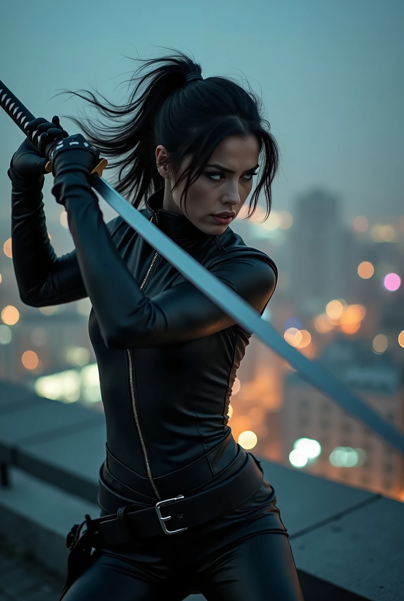 Cinematic photography, motion blur, a beautiful woman swinging a sharp katana, katana focus, she has messy black hair, she wear a sexy leather clothes, she jumping down from rooftop, set in night modern city, bokeh, vibrant lighting