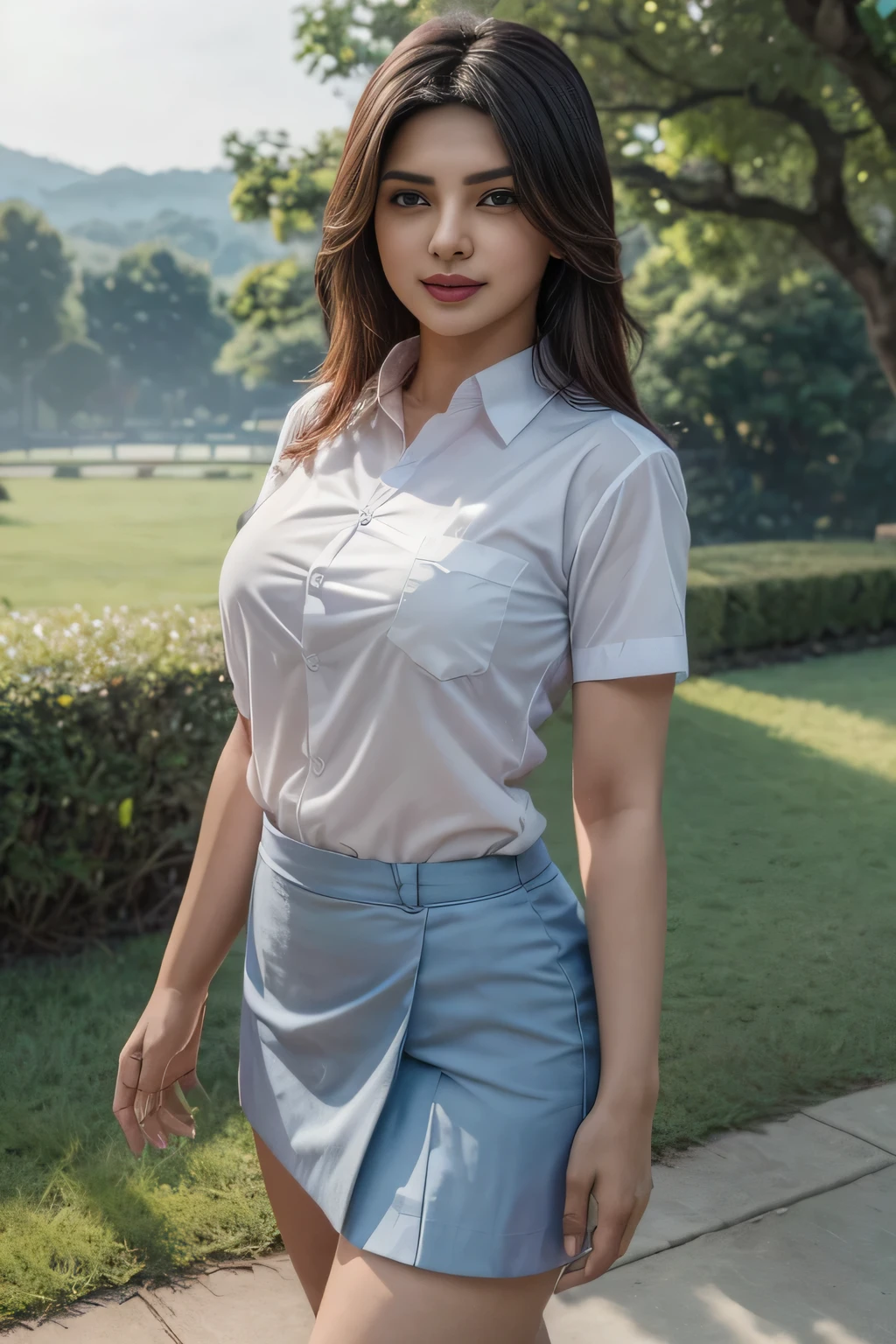 ((Best Quality, 8K, Masterpiece: 1.3)), 1girl, Slim Abs Beauty: 1.3, (Hairstyle Casual,Super Big Breasts: 2.5), Dress: 2.5, Super Fine Face, Delicate Eyes, Double Eyelids, Smile, Home,Ponytail Brown Hair,Tight Wet White Shirt And Torn Wet Mini Skirt Outfit