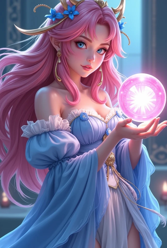 A beautiful woman ， with long flowing pink hair ,  blue eyes,  and a beautiful face , wearing an elaborate fantasy mage costume with a poofy blue dress, Puff sleeves,  and a layered tulle skirt , holding a magic glowing orb,  with delicate wing-like flowing decorations , In an elegant and dynamic posture , ( is the best quality,4K,8K, High resolution ,masterpiece:1.2), super detailed,( actual ,photo actual ,photo- actual :1.37), intricacies of meditation, detailed facial 特征, meticulous eyes , Detailed Lips , detailed facial ,Elegant,fantasy, game character skin design , conceptual art, movie lights , bright colors ,magic,mystery,ethereal