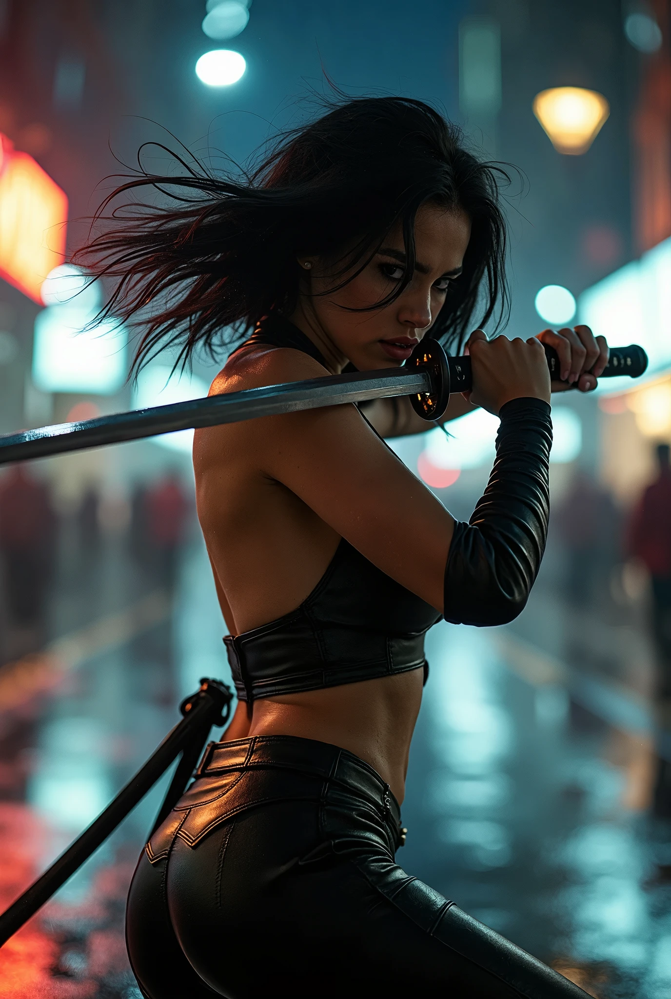 Cinematic photography, motion blur, a beautiful woman swinging a sharp katana, katana focus, she has messy black hair, she wear a sexy leather clothes, she jumping down from rooftop, set in night modern city, bokeh, vibrant lighting